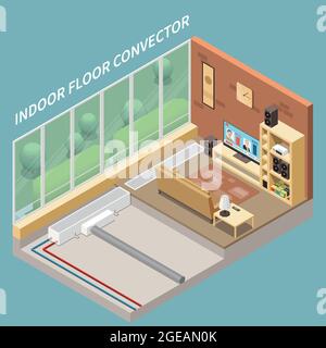 Cosy living room interior with floor heating system installed indoor convectors 3d isometric vector illustration Stock Vector