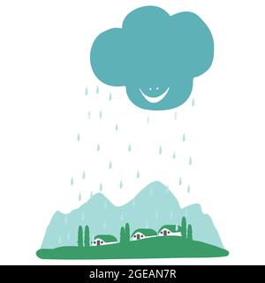 Rain on my beautiful Hill village Illustration. Stock Vector
