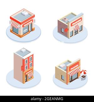Franchise isometric concept icons set with building and brand symbols vector illustration Stock Vector