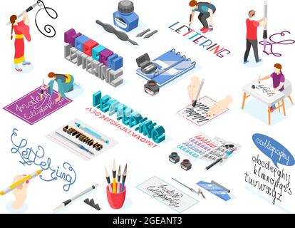 Hobby calligraphy isometric icons set of creative people practicing in ...