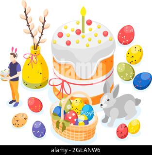 Easter isometric background composition with images of painted eggs big easter cake bunny and willow branch vector illustration Stock Vector