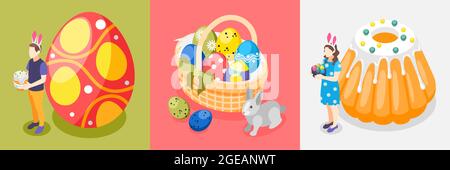 Easter isometric composition with set of three square compositions with small people painted eggs and cake vector illustration Stock Vector