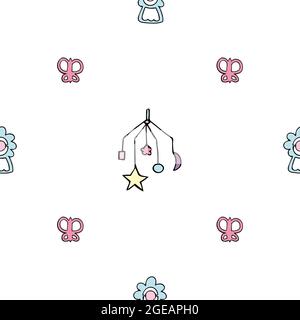White background pattern with kids toys, mechanical musical toy and butterflies, rattle. Stock Vector