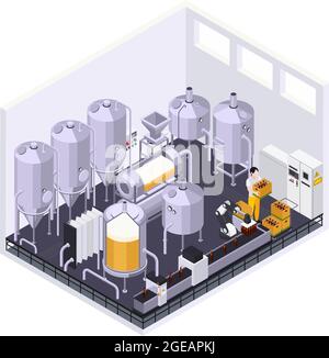 Brewery beer production isometric composition with indoor view of metal jars with tubes and conveyor live vector illustration Stock Vector
