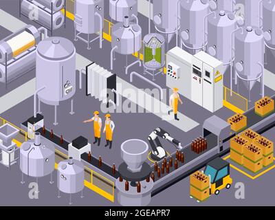 Brewery beer production isometric composition with view of factory facilities with keeves and tubes with workers vector illustration Stock Vector
