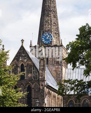 Darlington,UK. 18th August 2021. A £28,600 project to repair the clock on St. Cuthberts Church in the town centre has been completed. David Dixon / Alamy Stock Photo