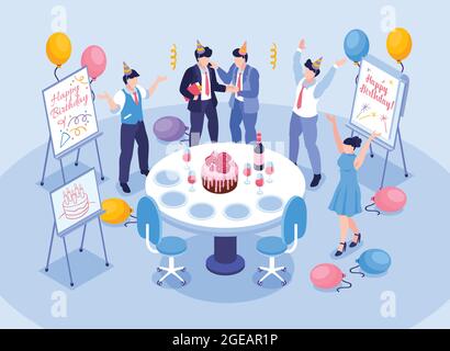 Birthday office congratulation concept with celebration at work symbols isometric vector illustration Stock Vector