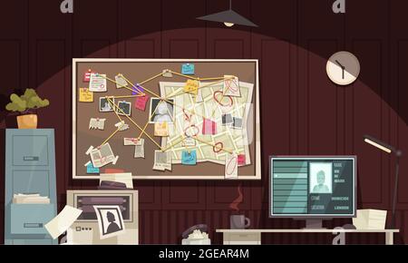 Detective office interior flat cartoon composition with crime scene diagram board computer monitor criminal profile vector illustration Stock Vector