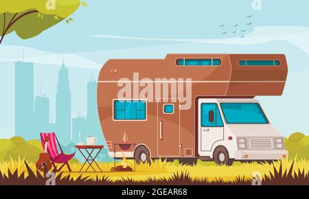 Camper with barbecue folding table deckchair guitar in city suburb trailer caravan park cartoon composition vector illustration Stock Vector