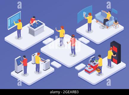 People and interfaces isometric concept with characters interactive terminals electronic gadgets at home and in public places vector illustration Stock Vector