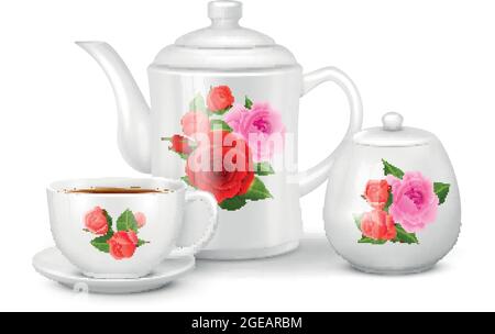 Realistic porcelain tea or coffee set with white cup saucer teapot and sugar bowl with floral ornament vector illustration Stock Vector