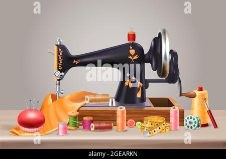 Sewing machine background with needles cushion and centimeter realistic vector illustration Stock Vector