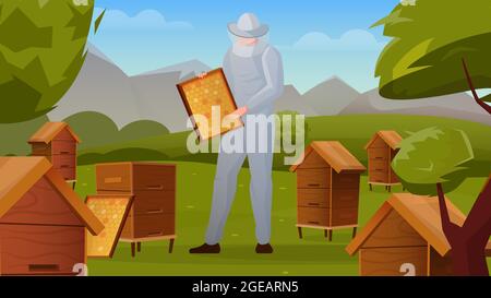 Bee apiary in rural landscape horizontal flat composition with beekeeper holding frame with honeycombs vector illustration Stock Vector