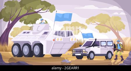 Peacekeepers transport flat and colored composition two military vehicles with blue flags vector illustration Stock Vector
