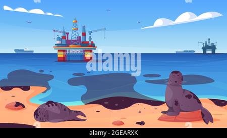 Ocean pollution with oil stains on water surface with sea animals on beach flat vector illustration Stock Vector