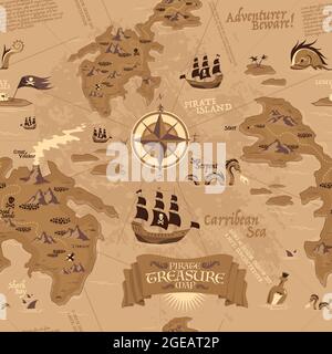 Vintage seamless pattern showing map for treasure search with pirate sailboats and islands in carribean sea vector illustration Stock Vector