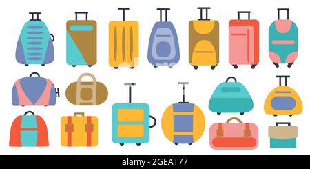 Isolated set of travel suitcases and bags. Travel and vacation luggage. Stock Vector