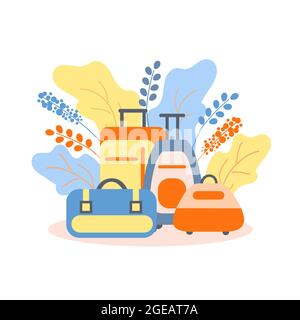 Postcard with suitcase, bag and briefcase. Travel and work luggage. Stock Vector