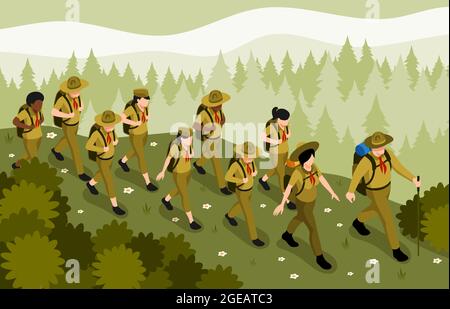 Adult mentors guiding kid scouts group hiking at wild forest nature background isometric vector illustration Stock Vector