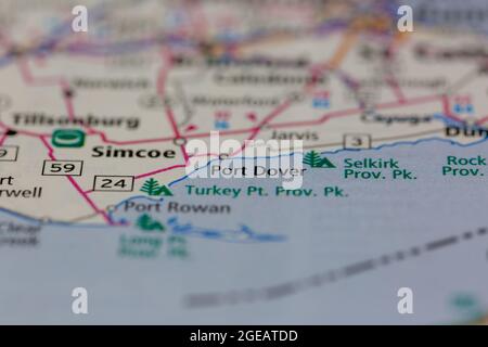Port Dover Ontario Canada shown on a road map or Geography map Stock Photo