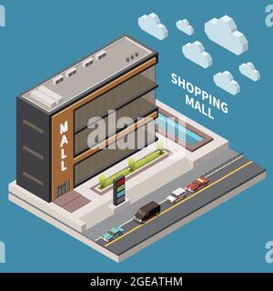 Shopping mall concept with supermarket shopping and purchase symbols isometric vector illustration Stock Vector
