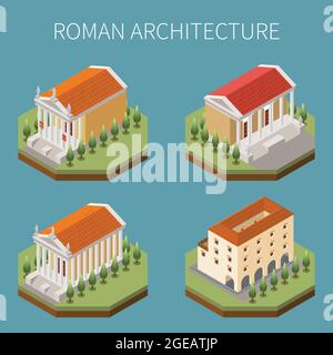 Roman empire set with architecture symbols isometric isolated vector illustration Stock Vector