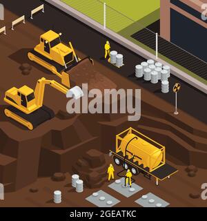 Toxic waste nuclear chemical pollution biohazard isometric colored composition with digging a pit to bury hazardous waste in the ground vector illustr Stock Vector