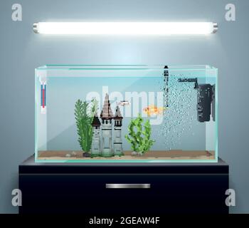 Room interior composition with realistic aquarium on chest of drawers and wall lamp vector illustration Stock Vector