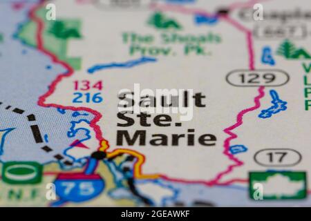 Sault ste. Marie Ontario Canada shown on a road map or Geography map Stock Photo