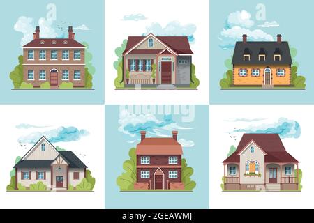 Design concept of various suburban village houses flat vector illustration Stock Vector