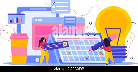 Planning and scheduling flat composition with people making cross marks in calendar computer windows and lamp vector illustration Stock Vector