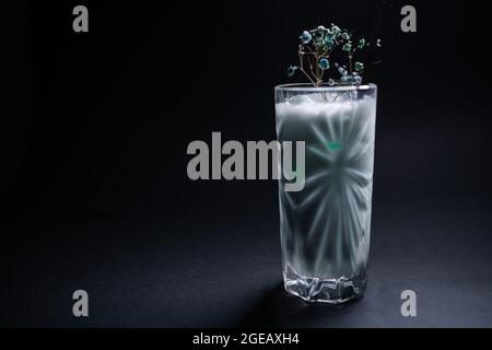 milk drink or cocktail blue hawaii decorated in glass on black background Stock Photo