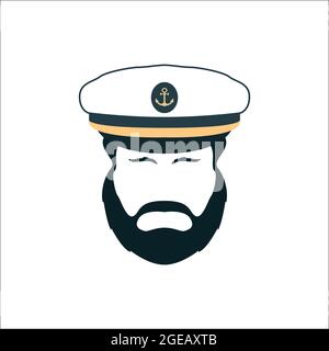 Captain Face Silhouette.Skipper in a Hat Emblem. Bearded Seaman Head Sign.  Vector Logo Template. Stock Vector