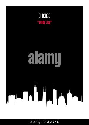 White silhouette chicago urban skyline on black background. Vector card. Stock Vector