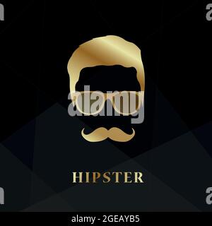 Golden silhouette face hipster on black background. Vector illustration. Stock Vector