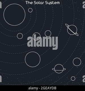 Illustration of the planets of the Solar system and their orbits around the sun. Abstract outline vector planets and stars isolated on gray background Stock Vector