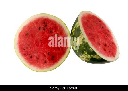 Fresh ripe watermelon cut in half isolated on white background Stock Photo