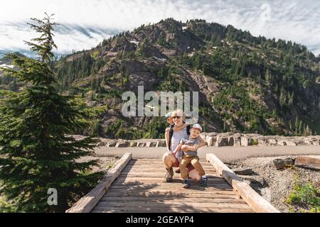 Mother and sons hiking at Heather Meadows in the Mt. Baker-Snoqualmie National Forest. Stock Photo
