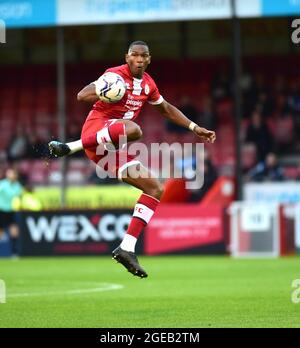 Ludwig Francillette of Crawley during the Sky Bet League Two match between Crawley Town and Salford City at the People's Pension Stadium  , Crawley ,  UK - 17th August 2021 Photo Simon Dack / Telephoto Images  - Editorial use only. No merchandising. For Football images FA and Premier League restrictions apply inc. no internet/mobile usage without FAPL license - for details contact Football Dataco Stock Photo