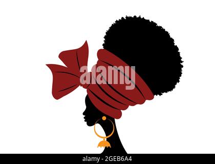 portrait beautiful African woman in traditional turban handmade tribal wedding red textile, Kente head wrap African with ethnic earrings, black women Stock Vector