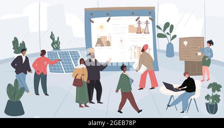 Cartoon flat visitors and workers characters at exhibition,vector illustration Stock Vector