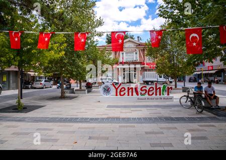 Yenisehir, Bursa, Turkey - August 14, 2021: Entrance facade of the town hall and the name monument of Yenisehir. Yenisehir is known as the first capit Stock Photo