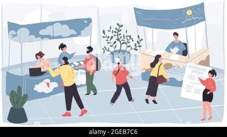 Cartoon flat visitors and workers characters at exhibition,vector illustration Stock Vector