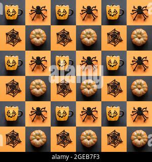 Seamless pattern of Halloween collage with pumpkin, web, spiders, cup on orange and black background. Happy Halloween wallpaper and background. Stock Photo
