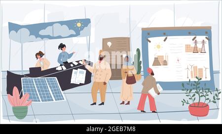 Cartoon flat visitors and workers characters at exhibition,vector illustration Stock Vector