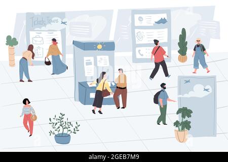 Cartoon flat visitors and workers characters at exhibition,vector illustration Stock Vector