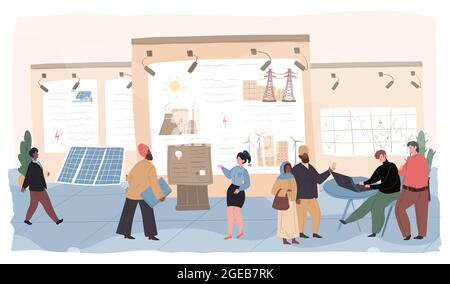 Cartoon flat visitors and workers characters at exhibition,vector illustration Stock Vector