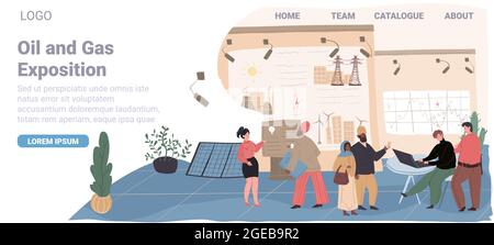 Cartoon flat visitors and workers characters at exhibition,vector landing page design Stock Vector