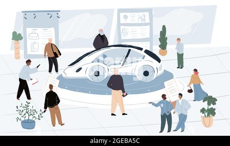 Cartoon flat visitors and workers characters at auto exhibition,vector illustration Stock Vector