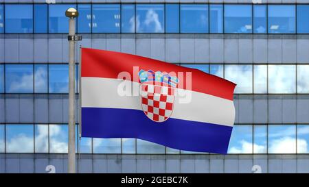 3D, Croatian flag waving on wind with modern skyscraper city. Close up of Croatia banner blowing, soft and smooth silk. Cloth fabric texture ensign ba Stock Photo